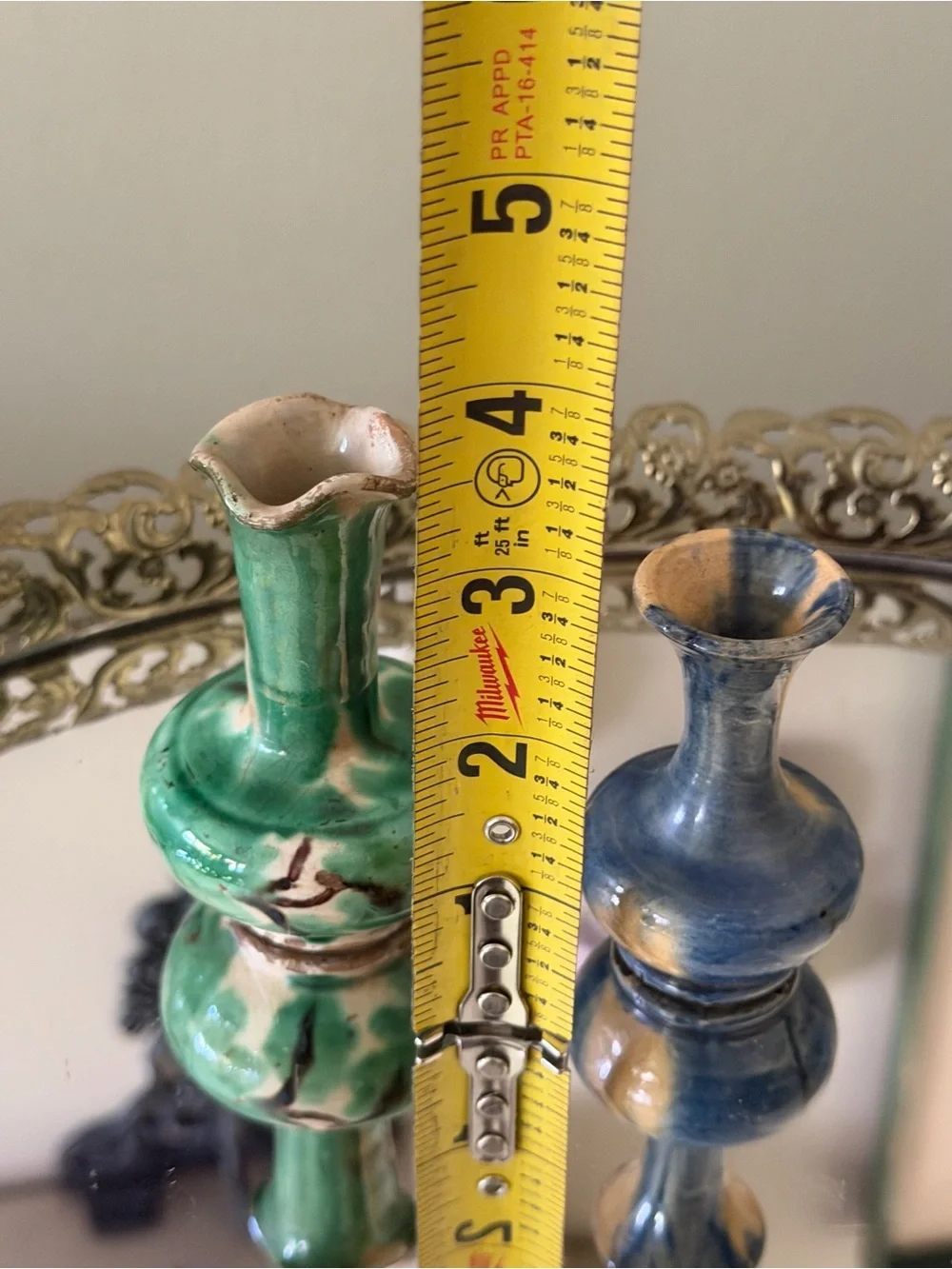 Vintage pair miniature ceramic drip glaze pottery vases, Mexico